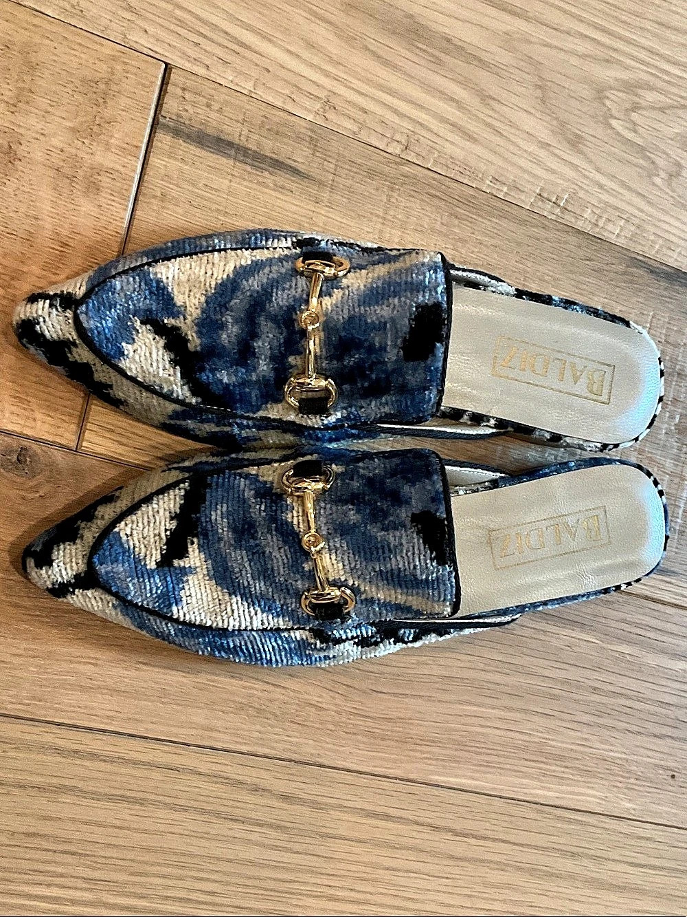 Baldiz Animal Print Mules in Blue & Cream